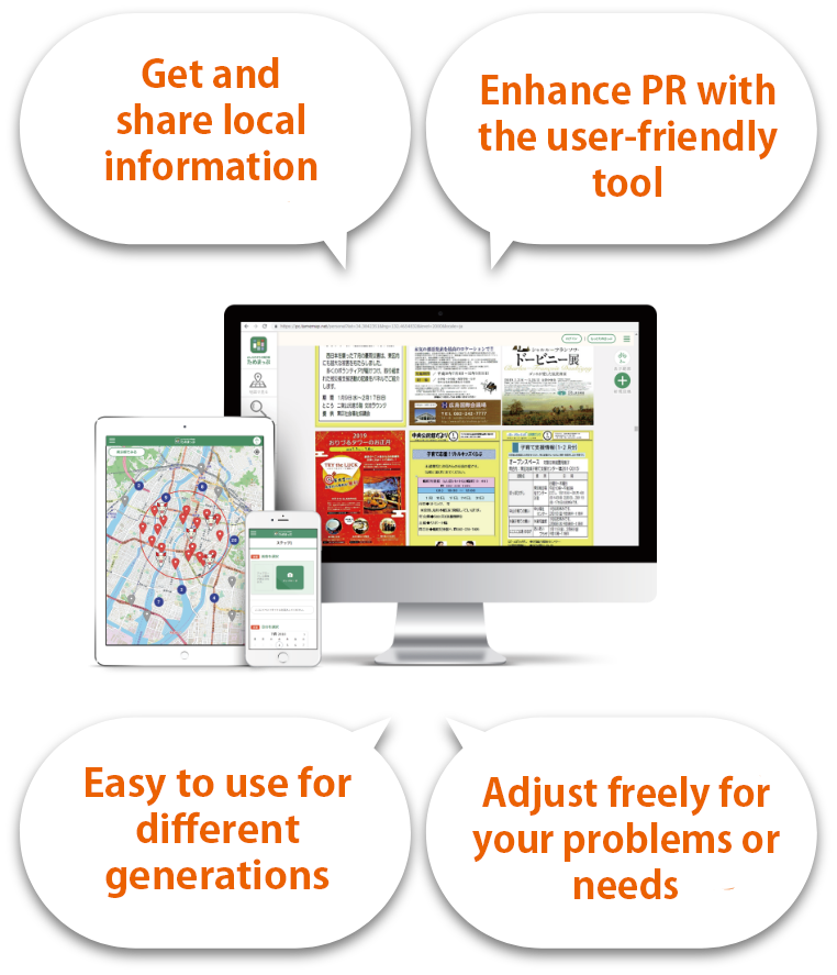 ためまっぷを使うことのメリット 1.知りたい時行きたい時に必要な情報を取得&提供　2.年代を問わず誰にでも優しい操作感　3.自分たちの課題やニーズに合わせた柔軟なプランが可能　3.無駄なく情報を届ける利便性の高いツールで広報力を強化